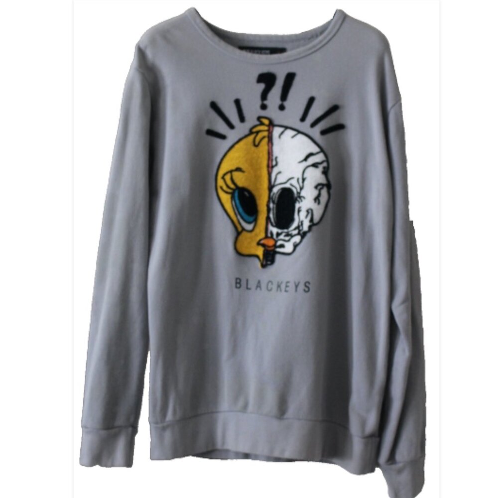 Tweety Bird Split Skull Gothic Sweatshirt, Raised Lettering Tweety, Grey, Large